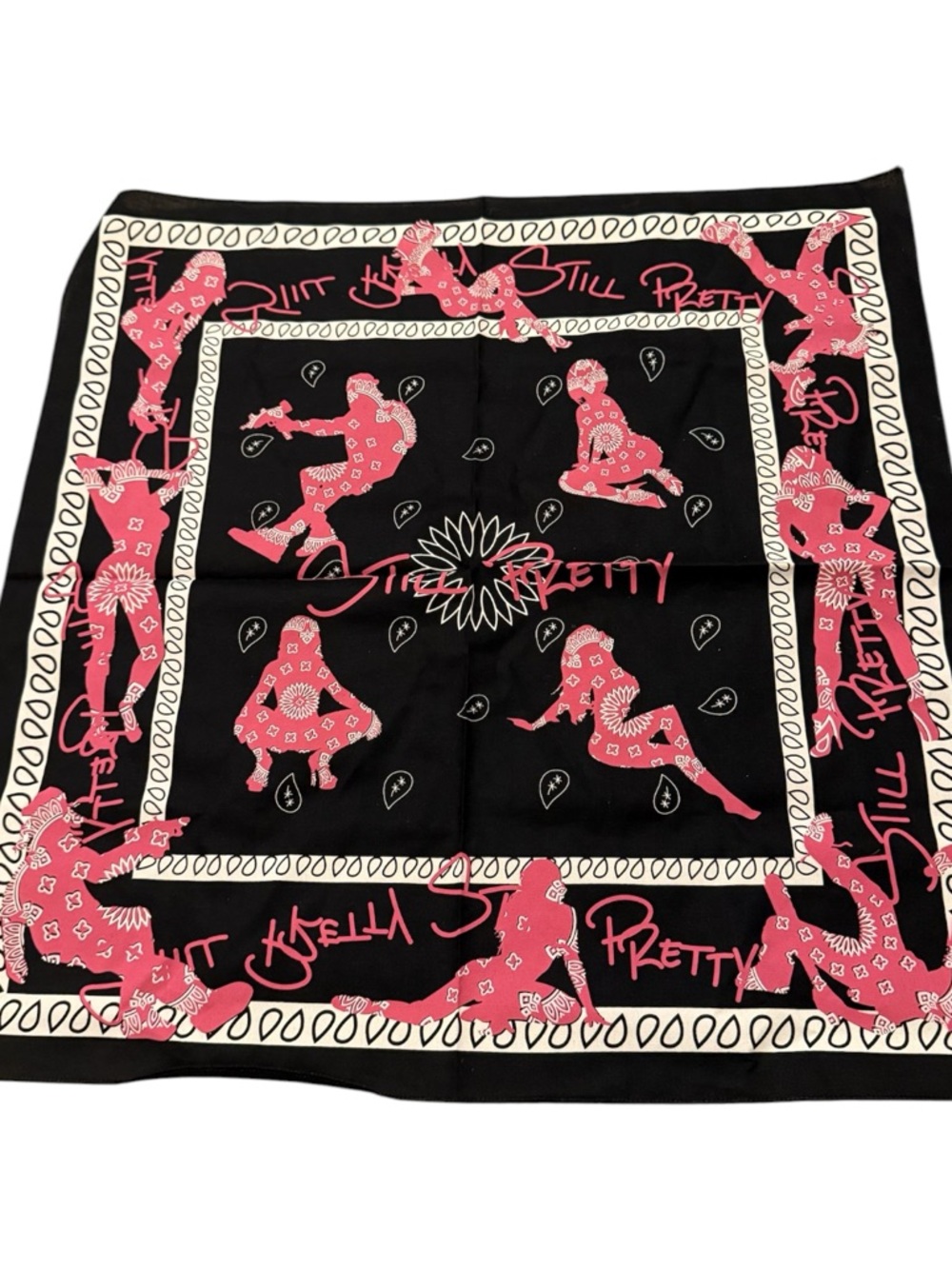 Still Pretty Pink and black graphic streetwear scarf, head wrap bandanna